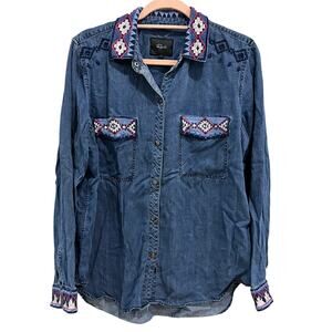 Rails Denim Aztec Embroidered Button Down Shirt Size Large